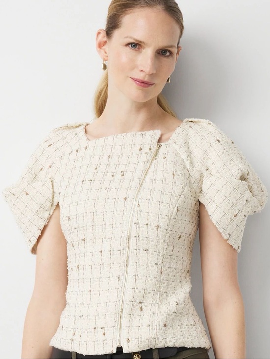 White House Black Market Tops - NWOT White House Black Market Cream Tweed Puff Sleeve Top